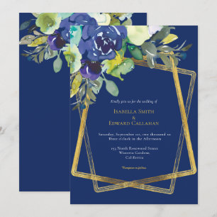 Chic Navy Watercolor Floral Gold Geometric Frame Invitation