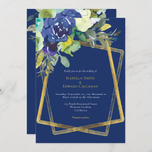 Chic Navy Watercolor Floral Gold Geometric Frame Invitation