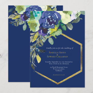 Chic Navy Watercolor Floral  Gold Geometric Frame  Invitation