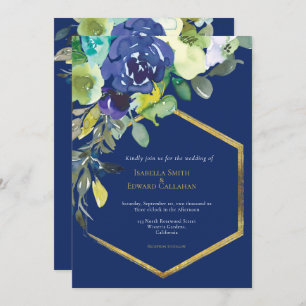 Chic Navy Watercolor Floral Gold Geometric Frame Invitation