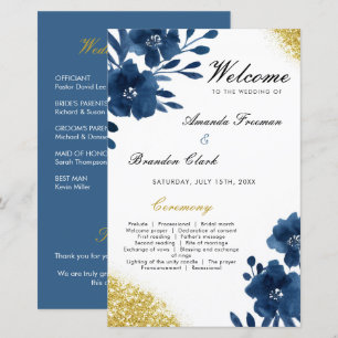 Chic Navy Watercolor Flowers Gold Glitter Wedding