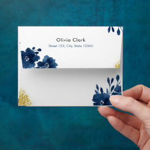 Chic Navy Watercolor Flowers Gold Glitter Wedding Envelope