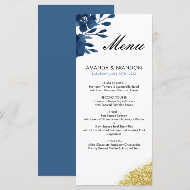 Chic Navy Watercolor Flowers Gold Glitter Wedding Menu (Front/Back)