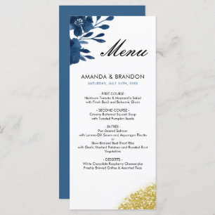 Chic Navy Watercolor Flowers Gold Glitter Wedding Menu