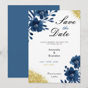Chic Navy Watercolor Flowers Gold Glitter Wedding Save The Date
