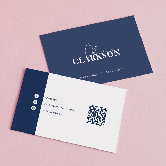 Chic Navy White Minimalist Qr Code Business Card (Creator Uploaded)