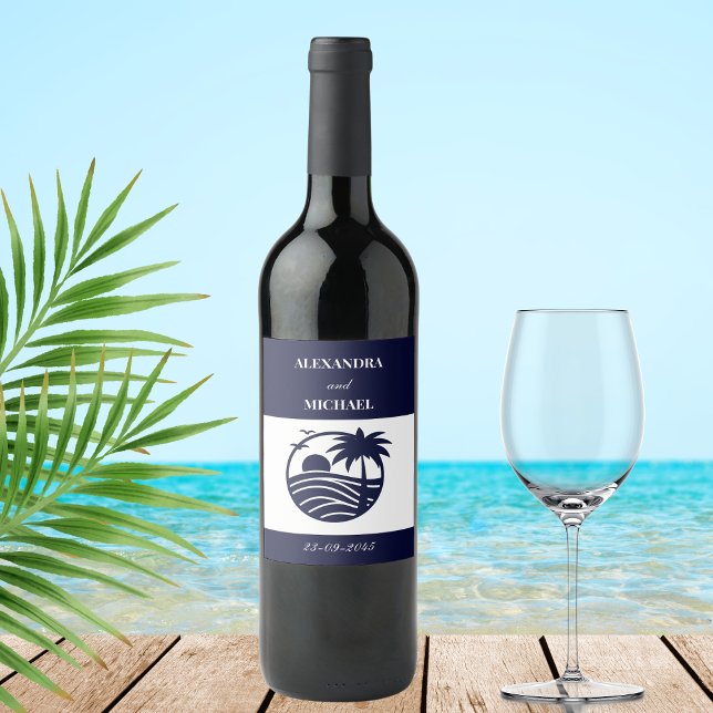Chic Navy White Stripe Palm Tree Coastal Wedding  Wine Label (Creator Uploaded)
