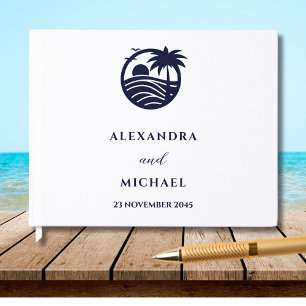 Chic Navy White Tropical Palm Tree Coastal Wedding Guest Book