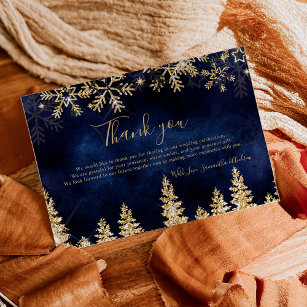 Chic navy Winter gold snow pine wedding Thank You Card