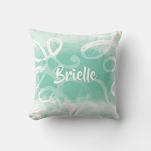 Chic Neo Mint Green Watercolor Swirls With Name Cushion