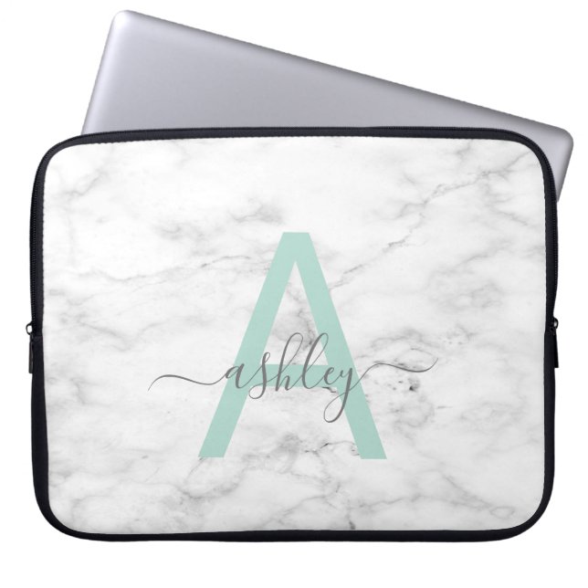 Chic Neo Mint White Marble Script Name Monogram Laptop Sleeve (Front)