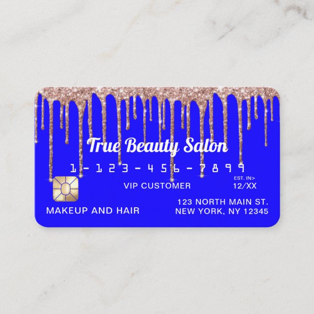 Chic Neon Blue Rose Gold Glitter Drips Credit Business Card (Front)