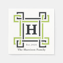 Chic Neon Citrus Green Black Monogram Family Name