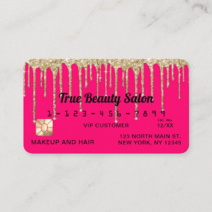 Chic Neon Pink Gold Glitter Drips Credit Business Card