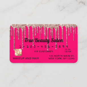 Chic Neon Pink Rose Gold Glitter Drips Credit Business Card