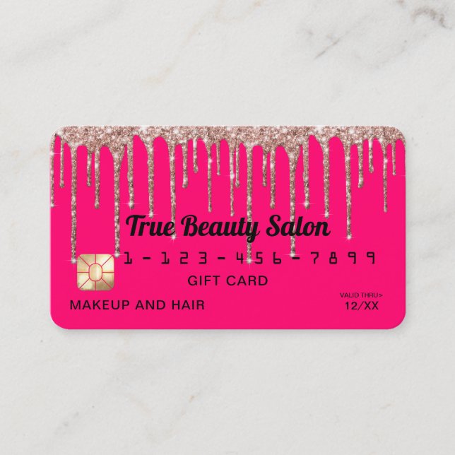 Chic Neon Pink Rose Gold Glitter Drips Gift Credit Business Card (Front)