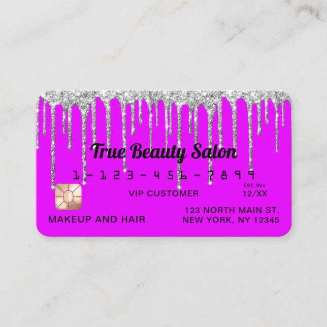 Chic Neon Purple Silver Glitter Drips Credit Business Card (Front)