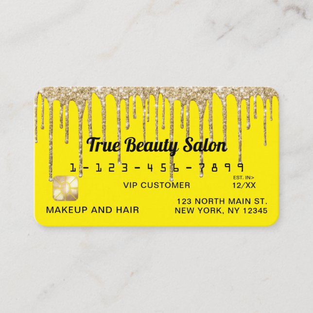 Chic Neon Yellow Gold Glitter Drips Credit Business Card (Front)