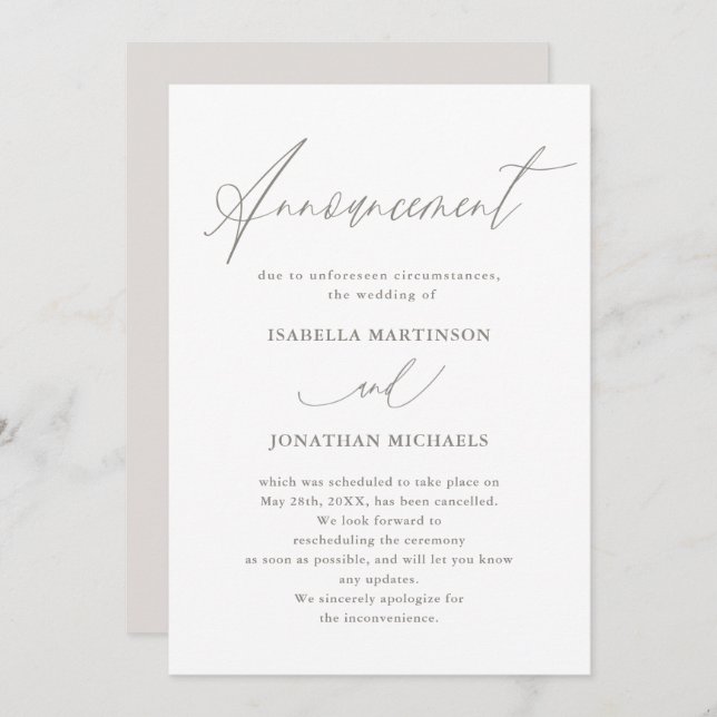 Chic Neutral Calligraphy Wedding Cancellation Invitation (Front/Back)