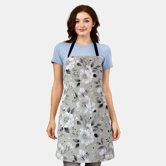 Chic Neutral Flower Grey Floral Pattern Apron (Worn)