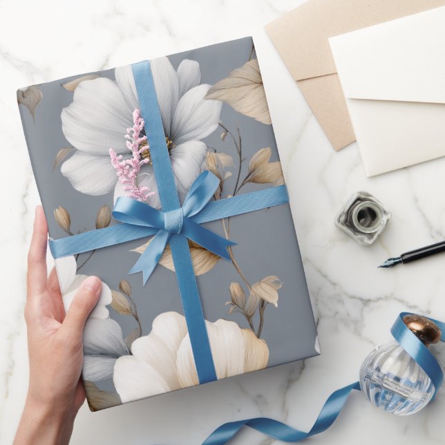Chic Neutral Flower Grey Floral Pattern Wrapping Paper (Gifting)