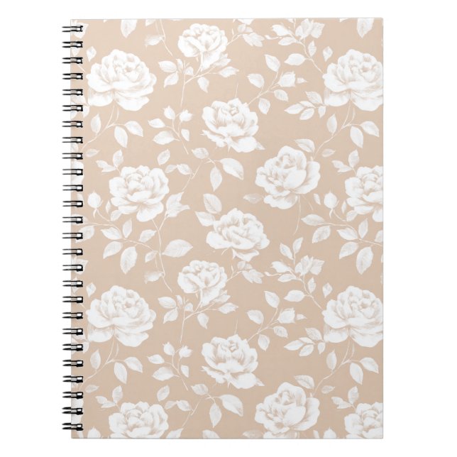 Chic Neutral Rose White Floral Pattern Notebook (Front)