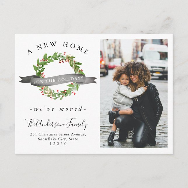 Chic New Home For the Holidays Wreath Photo Moving Announcement Postcard (Front)