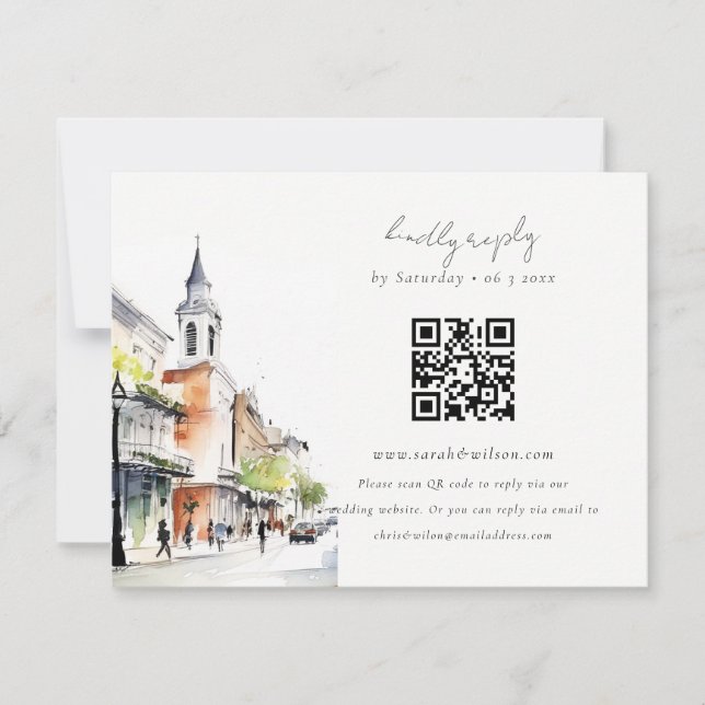 Chic New Orleans Louisiana QR Code Wedding RSVP Card (Front)