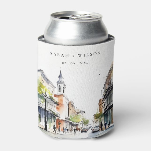 Chic New Orleans Louisiana Watercolor Wedding Can Cooler (Can Front)