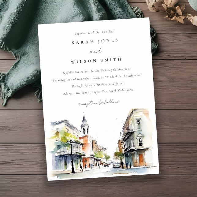 Chic New Orleans Louisiana Watercolor Wedding Invitation (Creator Uploaded)