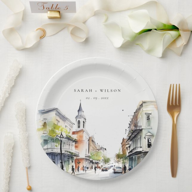 Chic New Orleans Louisiana Watercolor Wedding Paper Plate (Wedding)