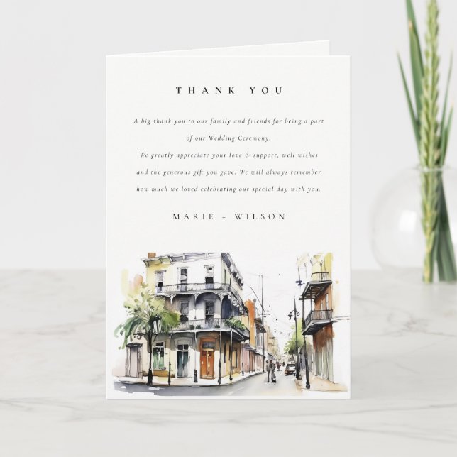 Chic New Orleans Louisiana Watercolor Wedding Thank You Card (Front)