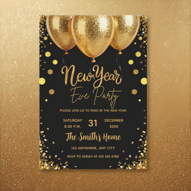 Chic New Year' Eve Party Gold Glitter Black  Invitation (Creator Uploaded)