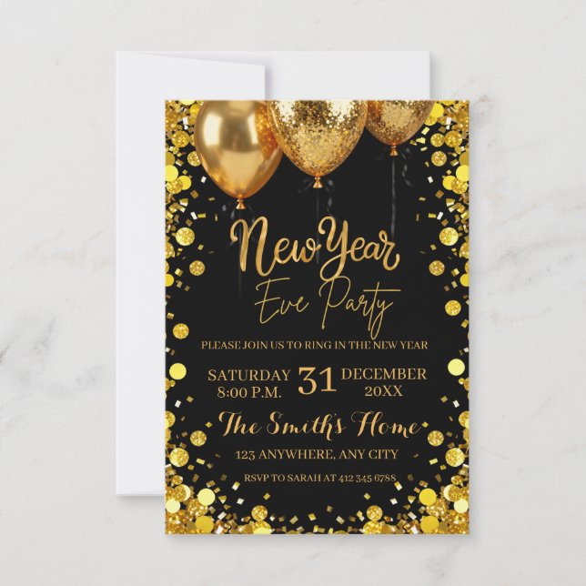 Chic New Year' Eve Party Gold Glitter Black  Invitation (Front)