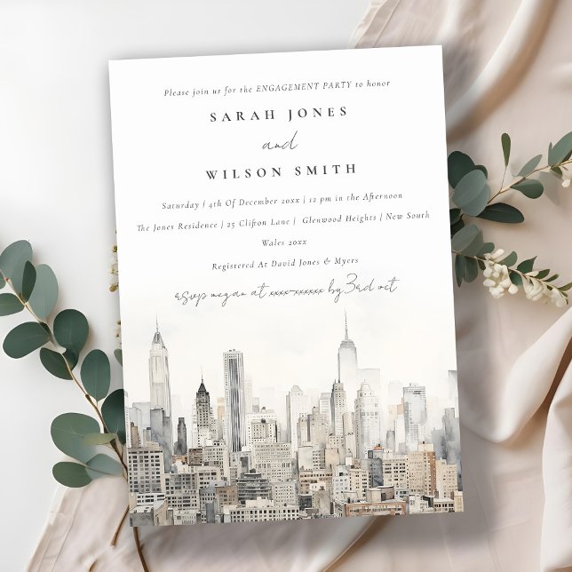 Chic New York City Skyline Watercolor Engagement Invitation (Creator Uploaded)
