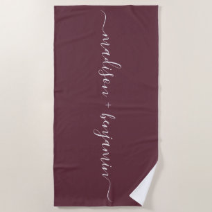 Chic Newlywed Monogram Names Burgundy Beach Towel