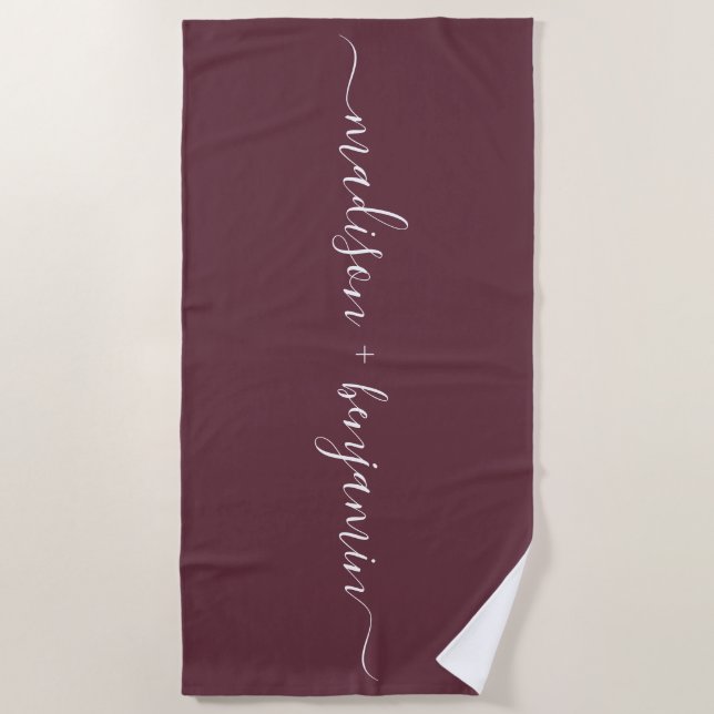 Chic Newlywed Monogram Names Burgundy Beach Towel (Front)