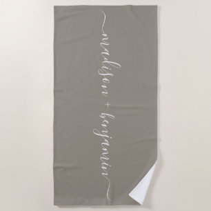 Chic Newlywed Monogram Names Grey Beach Towel