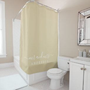 Chic Newlywed Mr Mrs Beige Sand Monogram Shower Curtain
