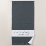 Chic Newlywed Mr Mrs Black and White Monogrammed Beach Towel<br><div class="desc">Chic black and white monogrammed beach towel with the text Mr and Mrs in elegant script. The colour black forest is used for elegant beach towel you can customise with your married name. Perfect gift for the newlywed couple. Exclusively designed for you by Happy Dolphin Studio.</div>