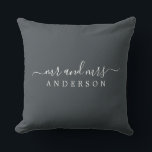 Chic Newlywed Mr Mrs Black White Monogram Cushion<br><div class="desc">Chic, modern monogrammed black and white pillow with the text Mr and Mrs in white elegant script. Simply add your married name. The off-black colour black forest is used for this stylish design. Perfect luxury gift for the newlywed couple. Exclusively designed for you by Happy Dolphin Studio. If you need...</div>