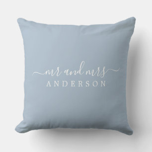 Chic Newlywed Mr Mrs Blue Monogram Cushion