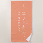 Chic Newlywed Mr Mrs Bright Orange Monogrammed Beach Towel<br><div class="desc">Chic bright cantaloupe orange monogrammed beach towel with the large text Mr and Mrs in white elegant script calligraphy. You can customise this stylish beach towel with your married name. Perfect gift for the newlywed couple. Exclusively designed for you by Happy Dolphin Studio.</div>