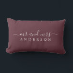 Chic Newlywed Mr Mrs Burgundy Monogrammed Lumbar Cushion<br><div class="desc">Chic, modern monogrammed burgundy pillow with the text Mr and Mrs in white elegant script. Simply add your married name. Perfect gift for the newlywed couple. Exclusively designed for you by Happy Dolphin Studio. If you need any help or matching products please contact us at happydolphinstudio@outlook.com. We're happy to help...</div>