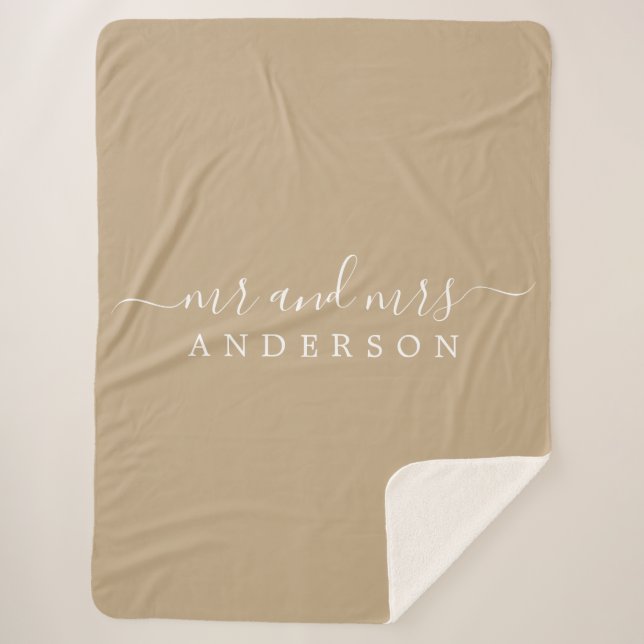Chic Newlywed Mr Mrs Camel Monogram Sherpa Blanket (Front)
