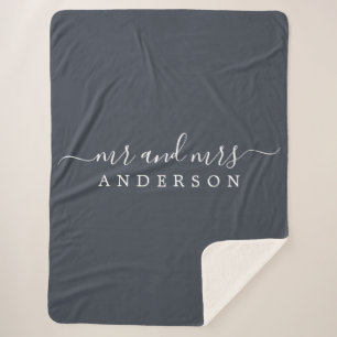 Chic Newlywed Mr Mrs Dark Blue Monogram Sherpa Blanket