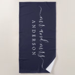Chic Newlywed Mr Mrs Dark Blue Monogrammed Beach Towel<br><div class="desc">Chic dark blue monogrammed beach towel with the large text Mr and Mrs in white elegant script. You can customise this elegant beach towel with your married name. Perfect gift for the newlywed couple. Exclusively designed for you by Happy Dolphin Studio.</div>