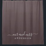 Chic Newlywed Mr Mrs Dark Burgundy Monogram Shower Curtain<br><div class="desc">Chic dark burgundy monogram shower curtain with the text Mr and Mrs in white elegant script. The colour carob chip is used for this stylish design you can customise with your married name. Perfect luxury gift for the newlywed couple. Exclusively designed for you by Happy Dolphin Studio.</div>
