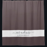 Chic Newlywed Mr Mrs Dark Burgundy Monogram Shower Curtain<br><div class="desc">Chic dark burgundy monogram shower curtain with the text Mr and Mrs in off-black elegant script. The colour carob chip is used for this stylish design you can customise with your married name. Perfect luxury gift for the newlywed couple. Exclusively designed for you by Happy Dolphin Studio.</div>