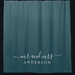 Chic Newlywed Mr Mrs Dark Emerald Monogram Shower Curtain<br><div class="desc">Chic dark emerald monogram shower curtain with the text Mr and Mrs in white elegant script. The colour deep emerald is used for this stylish design you can customise with your married name. Perfect luxury gift for the newlywed couple. Exclusively designed for you by Happy Dolphin Studio.</div>
